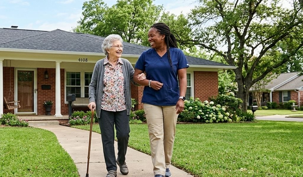 A caregiver walking arm in arm with an elderly client outside her home