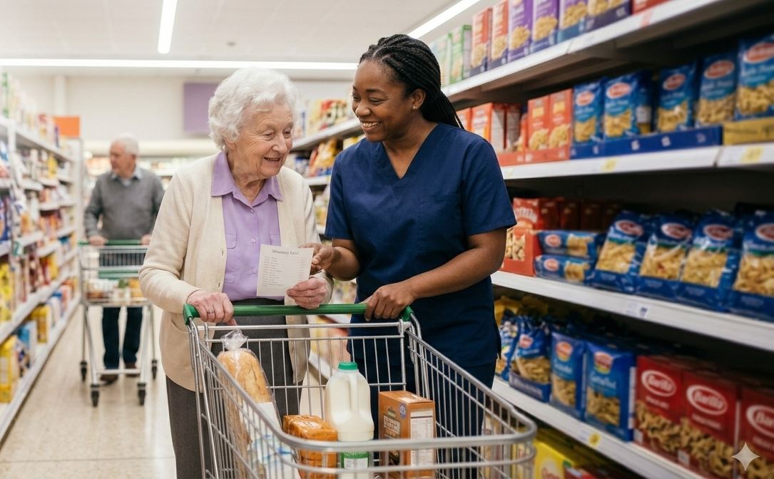 A caregiver helping a senior client with her grocery shopping